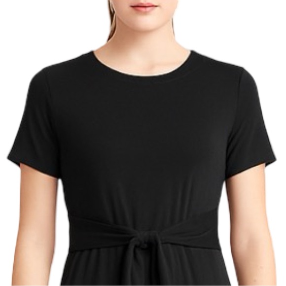 Black Jersey Knit Midi Dress w/ Waist Tie – Comfy & Versatile Wardrobe Essential - Picture 3 of 12